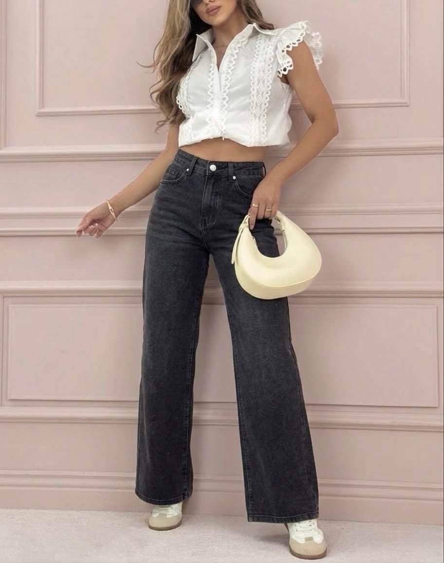 Stretch wide-leg jeans – zwart antraciet gewassen